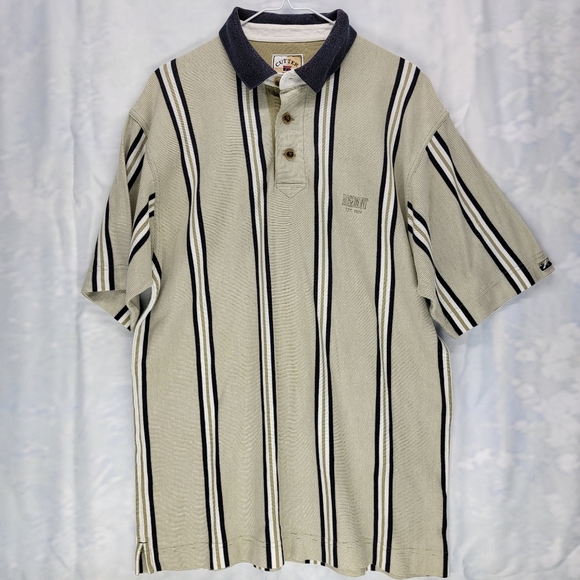 Cutter & Buck Mens Large Golf Polo Shirt Beige Blue Striped - Picture 1 of 6